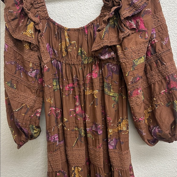 FARM RIO Dotted Horses Elegant Brown Ruffled Maxi Dress Size Medium - Picture 8 of 9